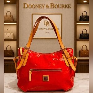 Dooney & Bourke Red Patent Leather Shoulder Hobo Tan Straps. Glossy Luxe Classic